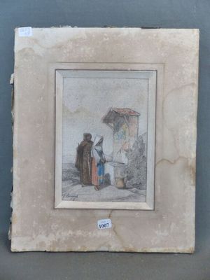 an old picture of a man and a woman standing in front of an umbrella