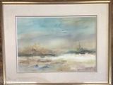 une image représentant une peinture d'une scène de plage avec un phare au loin