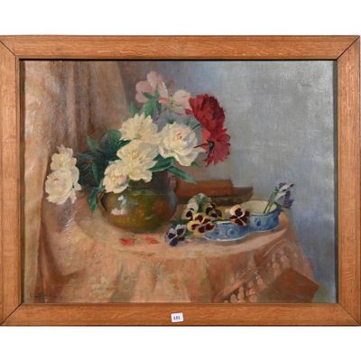 une peinture de fleurs dans un vase sur une table