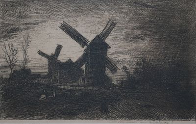 an image of a drawing of a windmill in a field
