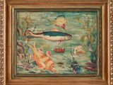 une peinture à l'huile représentant des poissons nageant dans un étang couvert d'algues
