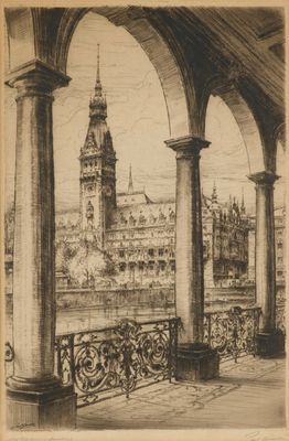 une image représentant un dessin d'un bâtiment avec une tour horloge en arrière-plan