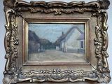an image of a painting of a house with a horse in front of it