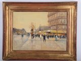 une peinture à l'huile représentant des personnes marchant dans une rue en ville
