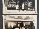 two old black and white photos of people standing outside of a store