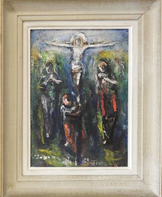 a painting of jesus on the cross in the middle of a group of people