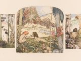 une photo d'une photo représentant une femme et un enfant dans les bois