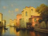a painting of a canal with a boat on it