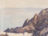 an image of a painting of a rocky coast with a boat in the water
