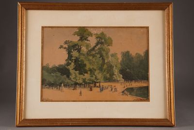 an image of a painting of a park scene with trees and people