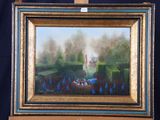 une peinture à l'huile représentant une femme dans un jardin avec un panier de fleurs