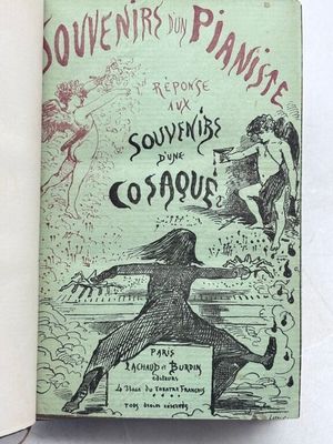 an old book with a drawing of a woman on a piano