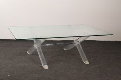 rectangular clear glass coffee table with clear acrylic legs