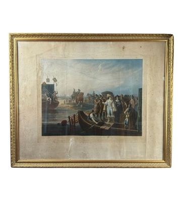 un vieux tableau représentant des personnes dans un bateau sur un plan d'eau