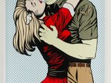 a painting of a man kissing a woman in a red dress