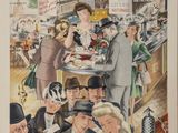 painting of a group of people sitting at a table in a restaurant