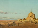 une image représentant une peinture d'un paysage désertique avec un bâtiment en arrière-plan