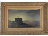 an oil painting of a horse drawn carriage in a field