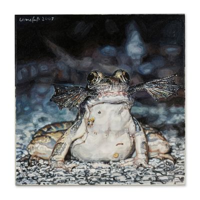un tableau représentant une grenouille avec une libellule sur le dos