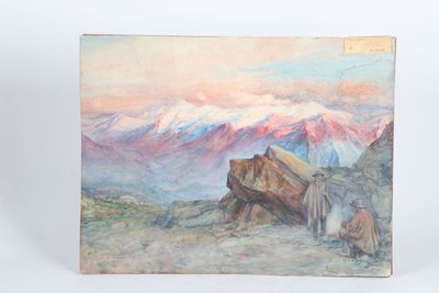 an oil painting of a group of people standing on top of a mountain