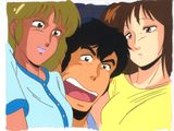 three anime characters are posing for a picture in front of the camera