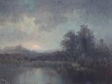 painting of a painting of a lake with a sunset in the background
