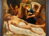 an oil painting of a man laying on a bed with angels surrounding him