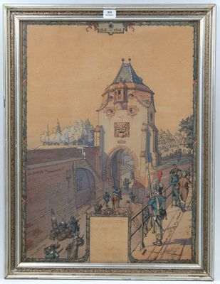 an image of a painting of a building with a clock on it