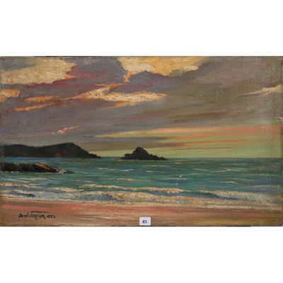 une peinture à l'huile représentant un coucher de soleil sur l'océan, avec une plage au premier plan