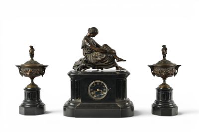 three statues of a woman sitting on top of a clock