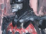 painting of a man in a batman costume standing in front of a cityscape
