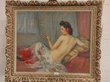 un tableau représentant une femme assise sur un lit, à côté d'une croix