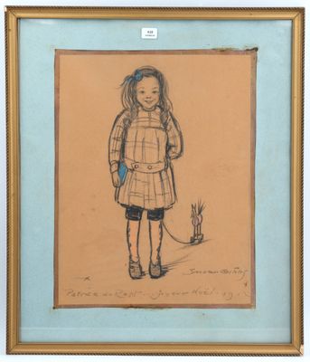 drawing of a little girl with a dog and a cat on a leash