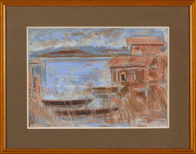 une peinture à l'huile représentant un bateau sur un plan d'eau près d'une maison