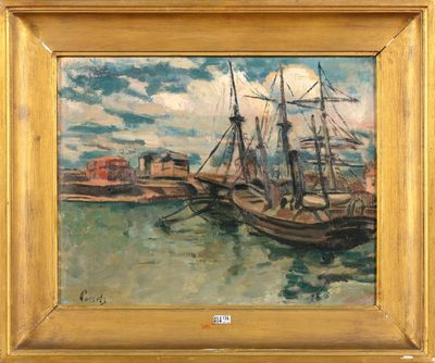 Huile sur toile "Bateaux au port".