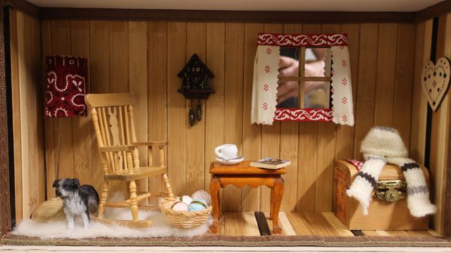 Diorama. Composition miniature, dans une vitrine en bois, vitre e...