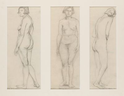 three drawings of a woman standing in three different positions