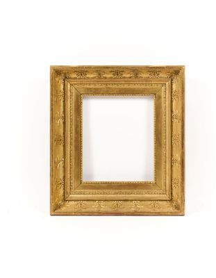 an antique gold frame with a white background