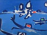 a painting of a boat in the water with other boats in the water