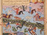 an illustration of a painting of a man riding a horse in the middle of a field