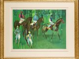 painting of a group of jockeys and horses in a green field