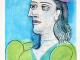 un dessin représentant une femme portant un chapeau violet sur la tête