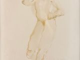 drawing of a nude woman with curly hair standing in front of a white background