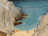 an image of a painting of a person walking on a beach