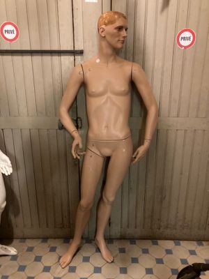 a mannequin in a bathroom next to a toilet