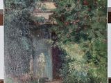 une peinture à l'huile représentant une maison dans les bois, posée sur un chevalet en bois