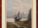 tableau représentant un bateau sur l'eau, avec une ville en arrière-plan