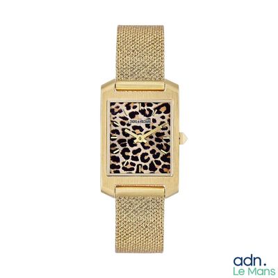une photo d'une montre pour femme avec un cadran à motif léopard