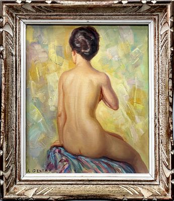 une peinture à l'huile représentant une femme nue assise sur une table