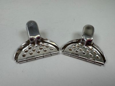 pair of silver plated earrings on a white surface